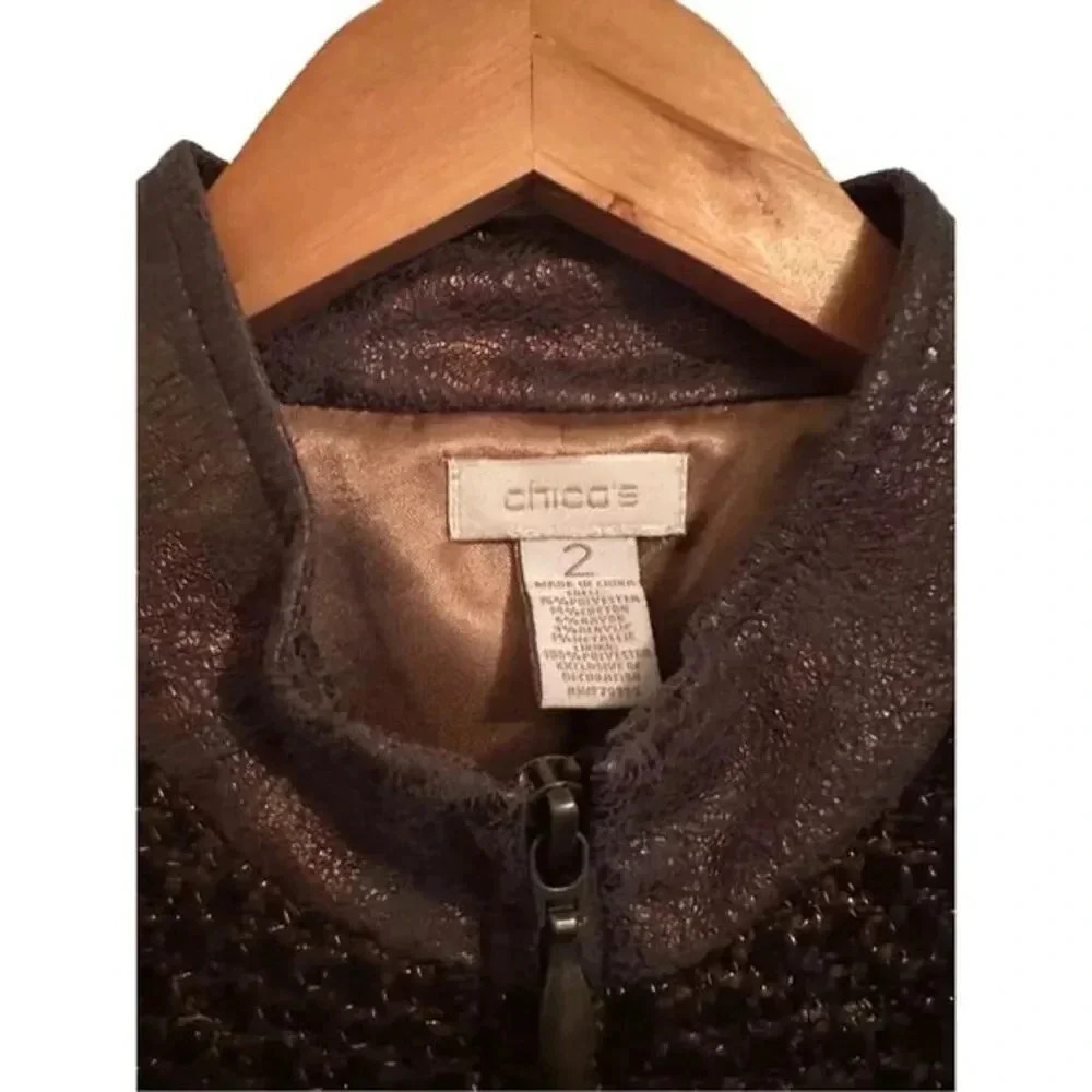 Chico's Brown Metallic Tweed Full Zip Blazer Jacket Women's Size 2 - Picture 5 of 13